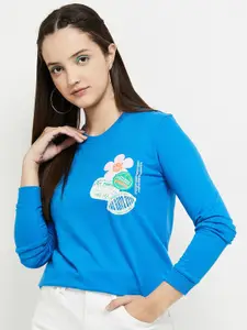 max Women Blue Printed Pure Cotton Sweatshirt