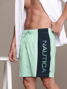 Nautica Men Mid-Rise Brand Logo Printed Side Striped Swim Shorts With Drawstring Closure