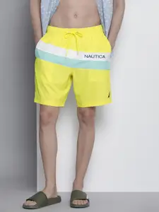 Nautica Men Mid-Rise Brand Logo Printed Striped Swim Shorts With Drawstring Closure