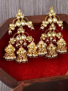 AURAA TRENDS Gold-Toned & White Contemporary Jhumkas Earrings