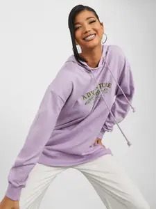 Styli Women Purple Printed Cotton Hooded Sweatshirt