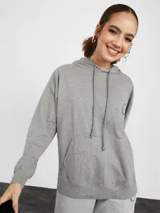 Styli Women Grey Solid Cotton Hooded Sweatshirt