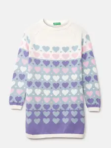 United Colors of Benetton Girls White & Purple Conversational Printed Longline Pullover