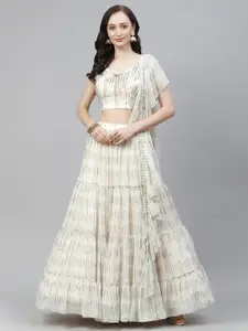 DRESSTIVE Off White Sequinned Semi-Stitched Lehenga & Unstitched Blouse With Dupatta