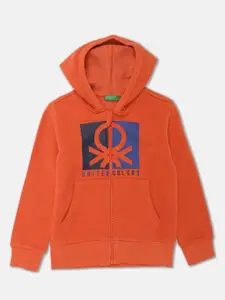 United Colors of Benetton Boys Orange Printed Cotton Hooded Sweatshirt