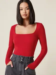 AAHWAN Red Red Solid Basic Square Neck Top