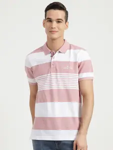 United Colors of Benetton Men Pink Striped Polo Collar Cotton T-shirt