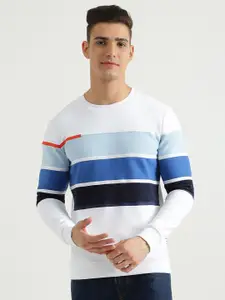 United Colors of Benetton Men White Striped Sweatshirt