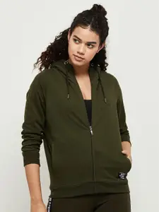 max Women Olive Green Front-Open Hooded Sweatshirt