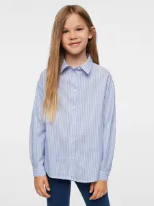 Mango Kids Girls Blue & White Striped Sustainable Pure Cotton Casual Shirt