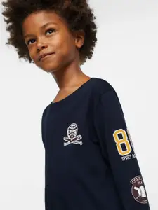 Mango Kids Boys Navy Blue Printed Applique Detail Cotton Sustainable T-shirt
