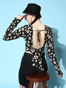 Berrylush Black Print Crepe Styled Back Crop Top