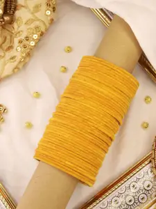 I Jewels Women Set Of 48 Yellow Solid Metal Velvet Bangles
