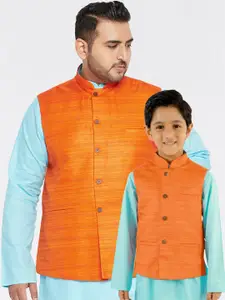 VASTRAMAY Boys Orange Woven Design Nehru Jacket