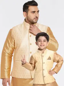 VASTRAMAY Boys Golden Colored Woven Design Nehru Jacket