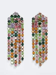 MANGO Women Multicoloured Stone Studded Classic Drop Earrings