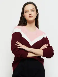max Women Burgundy & White Colourblocked Pullover