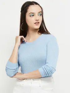max Women Blue Solid Longline Pullover