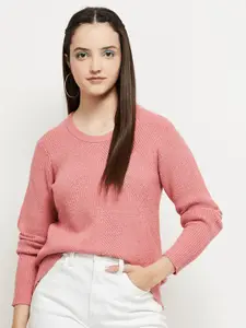max Women Peach-Coloured Solid Long Sleeves Pullover