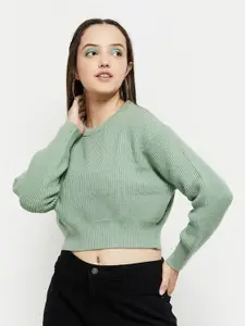 max Women Green Ribbed Crop Pullover