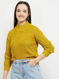 max Women Yellow Cable Knit Crop Pullover