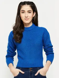 max Women Blue Ribbed Long Sleeves Pullover