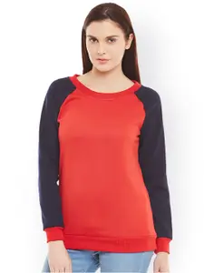 Belle Fille Women Red & Navy Blue Solid Sweatshirt