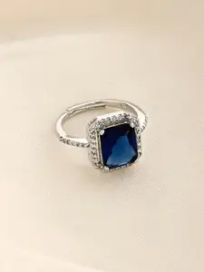 March by FableStreet  925 Sterling Silver Rhodium-Plated Blue CZ Studded Finger Ring