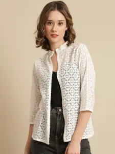 UnaOne Women Off White Open Front Collared Shrug