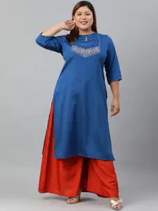 XL LOVE by Janasya Women Plus Size Blue Poly Silk Yoke Embroidery Straight Kurta