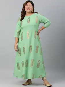XL LOVE by Janasya Women Plus Size Light Green Poly Crepe Foil Print A-line Kurta