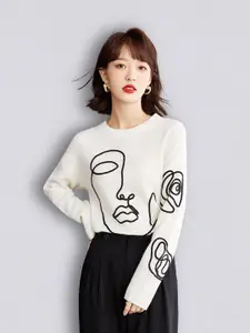 JC Collection Women White & Black Printed Pullover Sweater