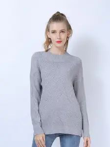 JC Collection Women Grey Ribbed Pullover Sweater