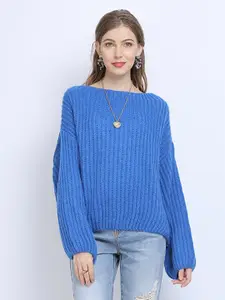 JC Collection Women Blue Ribbed Pullover Sweater