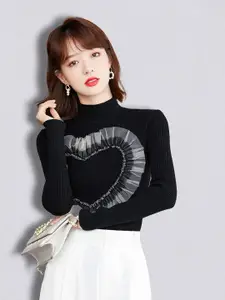 JC Collection Women Black Ribbed Pullover Sweater