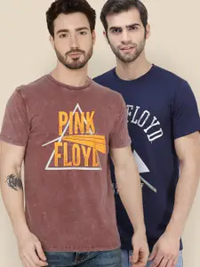 Free Authority Men Navy Blue & Brown Pack Of 2 Typography Pink Floyd Print Cotton T-shirts