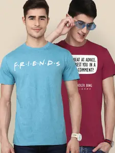 Free Authority Men Blue & Maroon Friends Printed 2 Cotton T-shirts