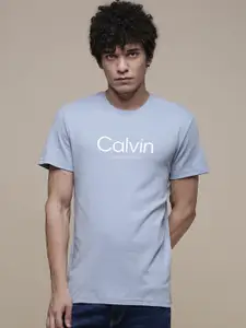 Calvin Klein Jeans Men Blue Brand Logo Print Round Neck Knitted Slim Fit T-shirt