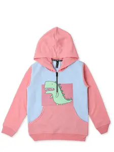 earth conscious Girls Pink Cotton Printed Hooded Sweatshirt