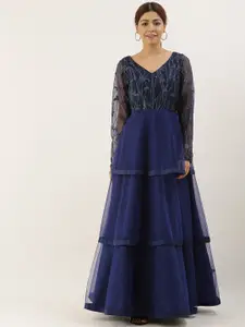 Ethnovog Blue Embellished Net Maxi Maxi Dress