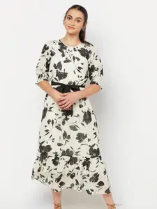 SQew Women Black & Off White Floral Printed Midi Dress