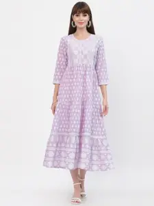 YELLOW CLOUD Lavender Ethnic Motifs Midi Dress