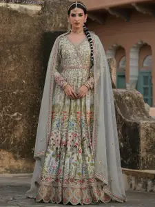 SCAKHI Women Floral Printed Raw Silk Anarkali Ethnic Dress With Dupatta