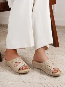 Shezone Women Cream-Coloured Embellished Open Toe Flats with Laser Cuts