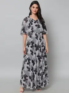HELLO DESIGN Black & Grey Floral Georgette Maxi Dress