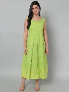 HELLO DESIGN Lime Green & Blue Ethnic Motifs Cotton A-Line Midi Dress