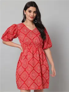 HELLO DESIGN Red Ethnic Motifs Cotton Empire Mini Dress