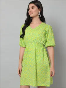 HELLO DESIGN Lime Green & Blue Cotton A-Line Dress