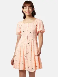 People Pink Polka Dots Printed Puff Sleeve Dress