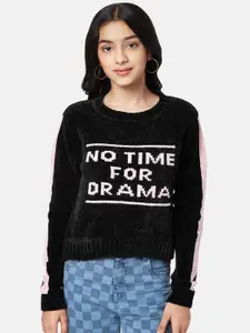 Coolsters by Pantaloons Girls Black & Pink Typography Printed Pullover Sweater